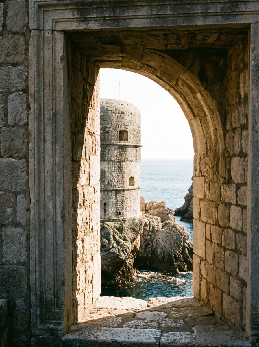 A stone doorway forming the letter D beside the sea