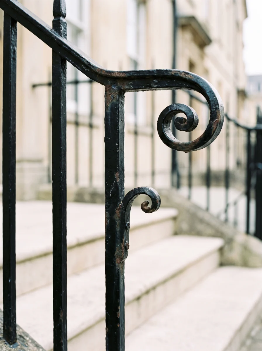 Curled black ironwork forming the letter F