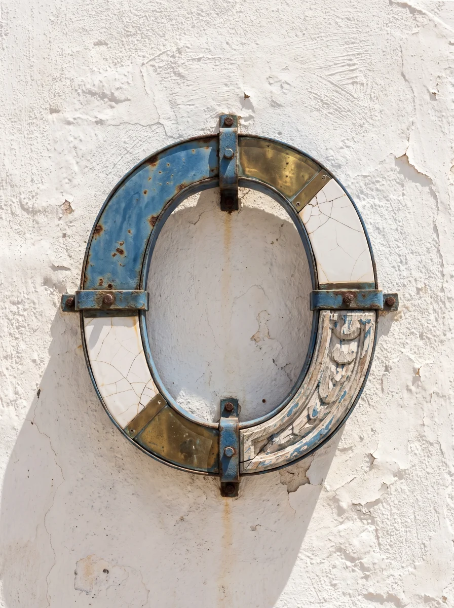 A blue and brass architectural detail forming the letter O